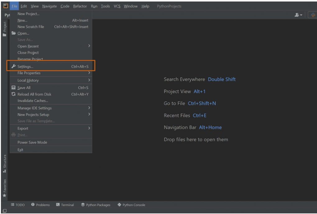 settings option in PyCharm
